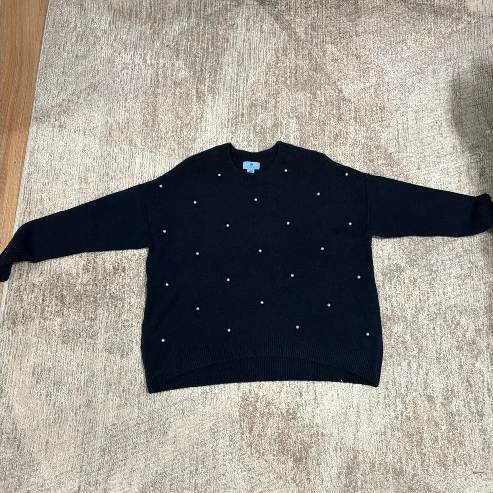 CeCe Navy blue Crew Neck Sweater with Pearl Accents - Picture 2 of 4
